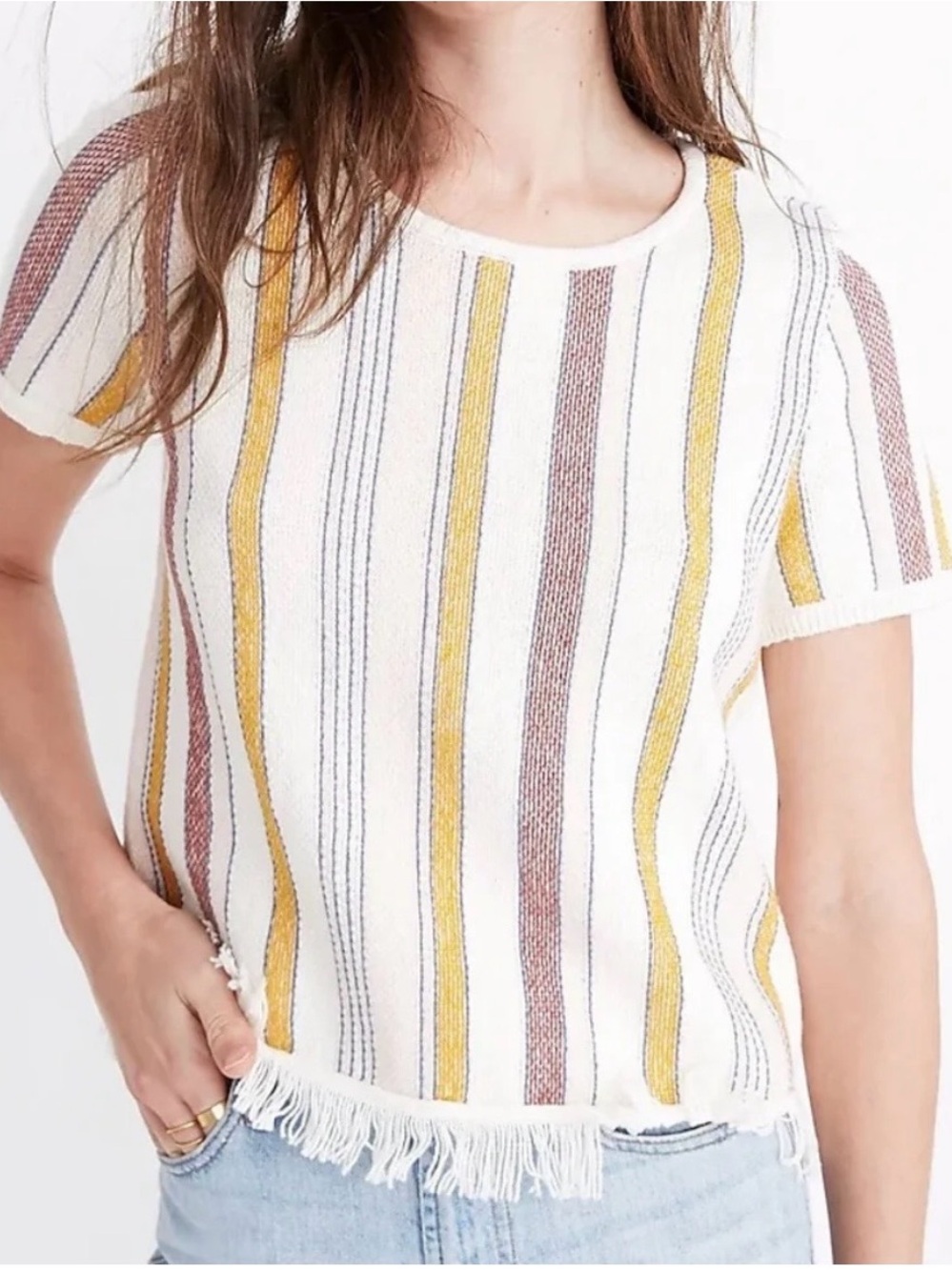 Fringed Stripe Short-Sleeve Knit Top - White with Mustard Pink and Eggplant xxs
